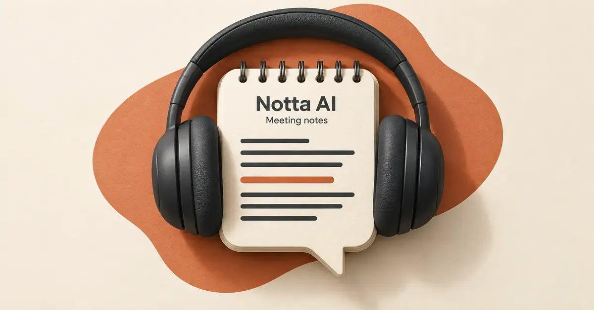 Charcoal headphones surround a speech-bubble notebook labeled “Notta AI” and “Meeting notes,” illustrating AI-powered audio transcription.