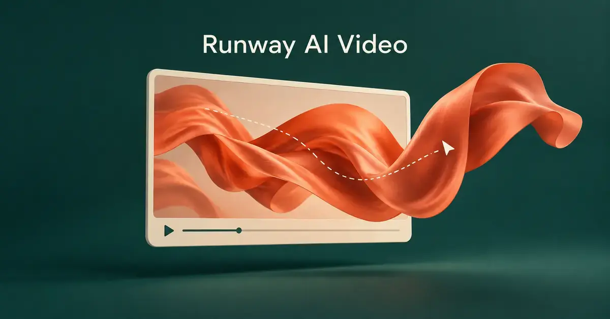 An orange ribbon flows out of a video player along a dotted motion path, illustrating image animation with Runway AI Video.